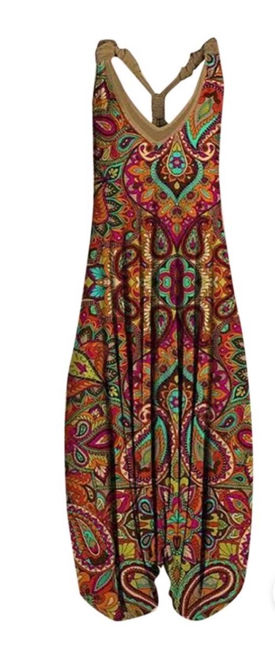 Vintage Print Paisley Floral Maxi Dress Jumpsuit Twisted Gold Strap Detail